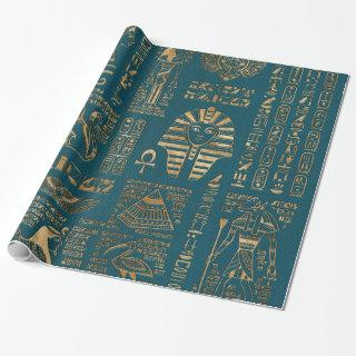Egyptian hieroglyphs and deities - Gold on teal