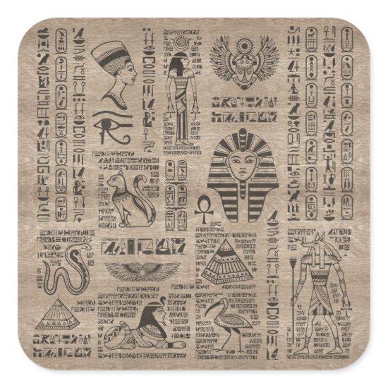 Egyptian hieroglyphs and symbols on wood square sticker