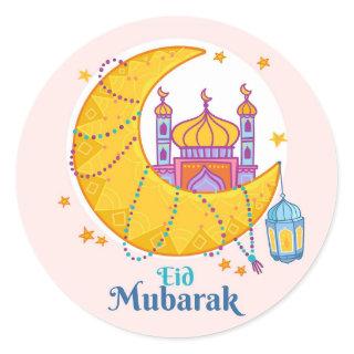 Eid Mubarak Crescent Colorful  Classic Round Sticker