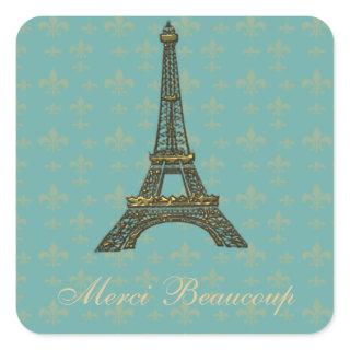 Eiffel Tower Fleur de Lis Vintage Green Square Sticker