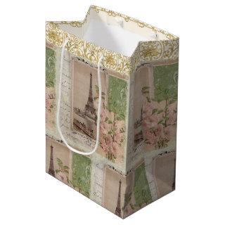 Eiffel Tower Floral Paris Vintage Gold Script Medium Gift Bag