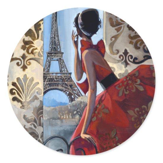 Eiffel Tower, Red Dress, Let's Go Classic Round Sticker
