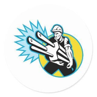 Electrician or power lineman carrying a plug classic round sticker