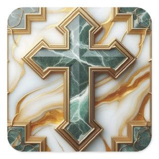 Elegance in Stone Golden-Framed Marble Cross Square Sticker