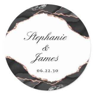 Elegant Agate Black White Rose Gold Foil Wedding Classic Round Sticker