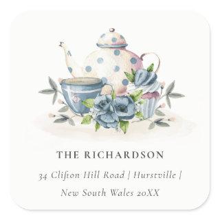Elegant Aqua Blue floral Teapot Cup Cake Address Square Sticker