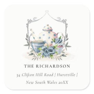 Elegant Aqua Blue floral Teapot Cup Crest Address Square Sticker