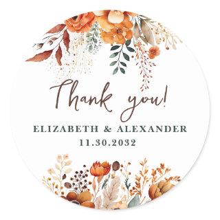 Elegant autumnal floral names and wedding date classic round sticker