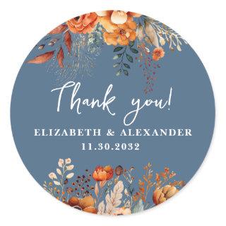 Elegant autumnal floral names and wedding date classic round sticker