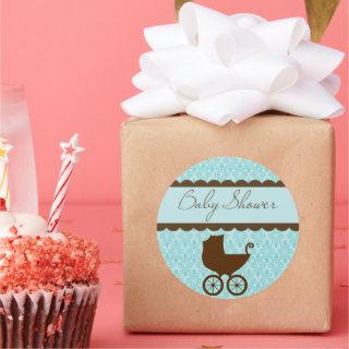 Elegant Baby Shower Carriage and Blue Damask Classic Round Sticker