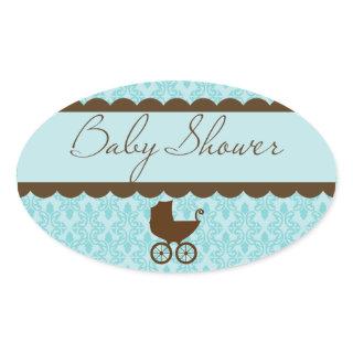 Elegant Baby Shower Carriage and Blue Damask Oval Sticker