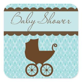 Elegant Baby Shower Carriage and Blue Damask Square Sticker