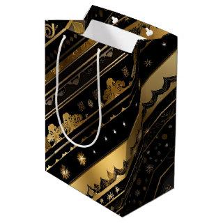 Elegant Black And Gold Diagonal Stripes Medium Gift Bag