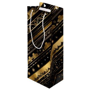 Elegant Black And Gold Diagonal Stripes Wine Gift Bag