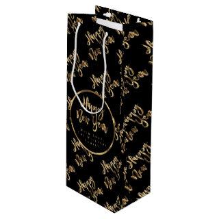 Elegant Black and Gold Look Script Happy New Year Wine Gift Bag