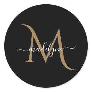 Elegant Black and Gold Monogram Script Name      Classic Round Sticker