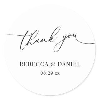 Elegant Black and White Script Thank You Favors Classic Round Sticker