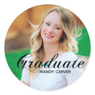 Elegant Black Calligraphy Overlay Graduate Photo Classic Round Sticker