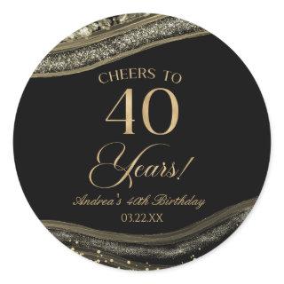 Elegant Black Gold Agate 40th Birthday Party Classic Round Sticker