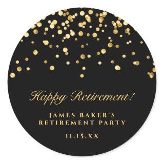 Elegant Black & Gold Confetti Happy Retirement  Classic Round Sticker