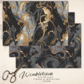 Elegant Black Grey  Red and Gold Marble Decoupage  Sheets