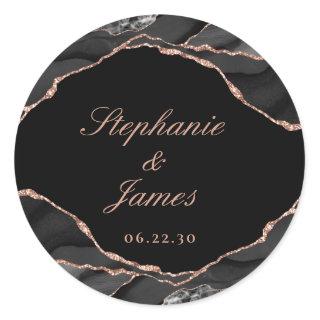 Elegant Black Rose Gold Foil Agate Wedding Classic Round Sticker