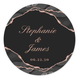 Elegant Black Rose Gold Foil Agate Wedding Classic Round Sticker