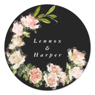 Elegant Black Rose Romance Wedding Classic Round Sticker