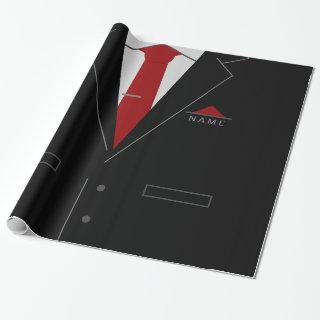 Elegant Black Suit & Red Necktie - Add Your Name