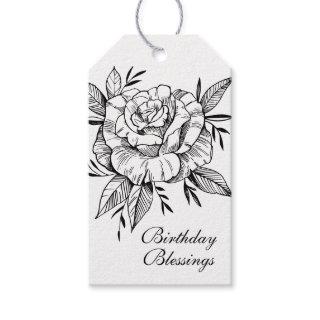 Elegant Black White Rose Simple Floral Gift Tags