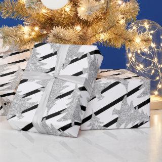Elegant Black White Stripe Silver Christmas Tree