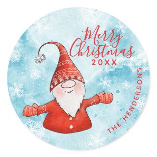 Elegant Blue and Red Gnome Custom Merry Christmas Classic Round Sticker