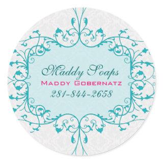 Elegant Blue And White Vintage Lace Frame Classic Round Sticker
