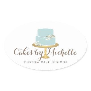 Elegant Blue Cake with Florals Cake Decorating Oval Sticker