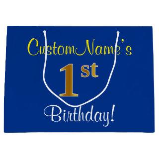 Elegant, Blue, Faux Gold 1st Birthday; Custom Name Large Gift Bag