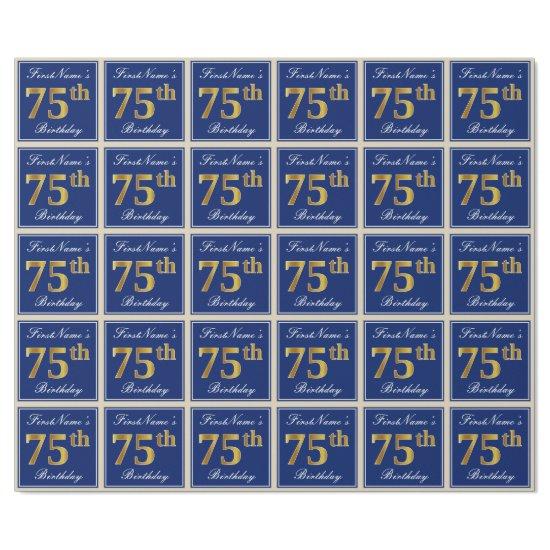 Elegant, Blue, Faux Gold 75th Birthday + Name