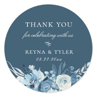 Elegant Blue Floral Wedding Favor Classic Round Sticker