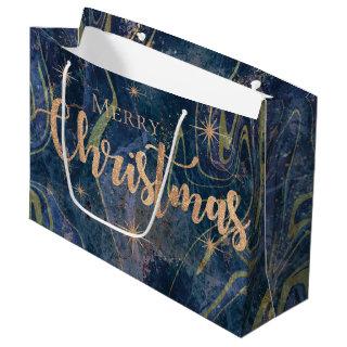 Elegant Blue Gold Marble Effect Merry Christmas Large Gift Bag