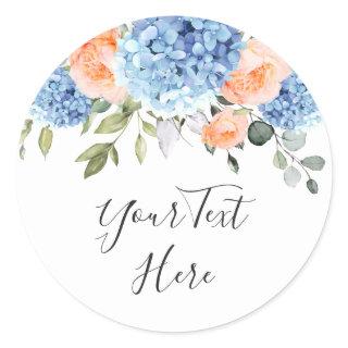 Elegant Blue Hydrangea Blush Pink Roses Classic Round Sticker