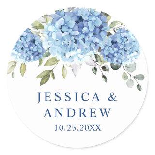 Elegant Blue Hydrangea Eucalyptus Wedding Classic Round Sticker
