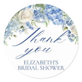 Elegant Blue Hydrangea Floral Script Thank You Classic Round Sticker