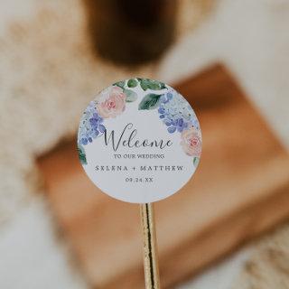 Elegant Blue Hydrangea | White Wedding Welcome Classic Round Sticker