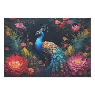 Elegant Blue Peacock in Colorful Floral Garden  Sheets