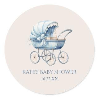 Elegant Blue Vintage Baby Carriage Baby Shower Classic Round Sticker