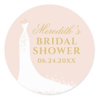 Elegant Blush and Gold Wedding Gown Bridal Shower Classic Round Sticker