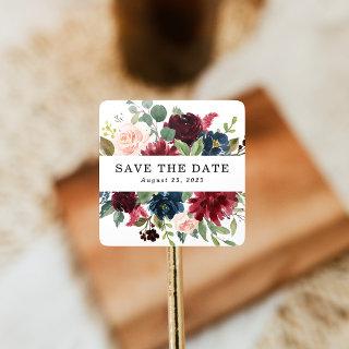 Elegant Blush Burgundy Navy Floral Save The Date Square Sticker