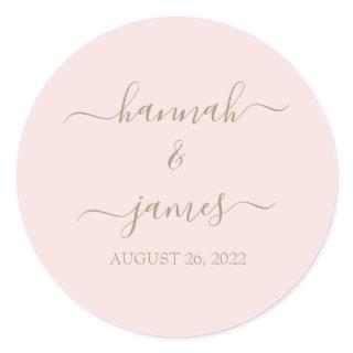 Elegant Blush Pink Gold Calligraphy Wedding Classic Round Sticker