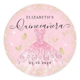 Elegant Blush Pink Gold Glitter Gown Quinceañera Classic Round Sticker