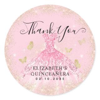 Elegant Blush Pink Gold Gown Quinceañera Thank You Classic Round Sticker
