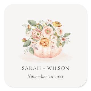 Elegant Blush Pink White Pumpkin Floral Wedding Square Sticker